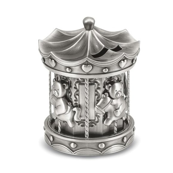 Keepsake Pewter-tone Finish Metal Teddy Bear on Horse Carousel Bank - Picture 1 of 4